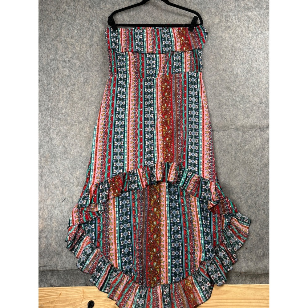 Elan High Low Dress Womens S Multi Color Strapless Paisley Boho Festival Ruffle
